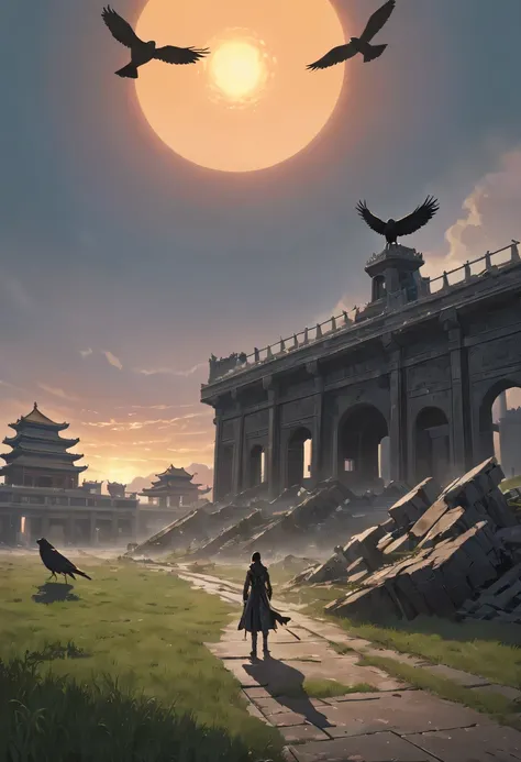 （best quality，4K，8k，high resolution，masterpiece：1.2），super detailed，（lifelike，lifelike，照片lifelike：1.37），future warrior，dead tree，Old crow，Ancient road westerly wind，stare into the distance，sunset in ancient capital，well worn，mottled city wall，Overgrowth an...