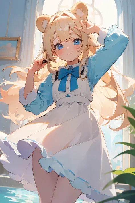 (((masterpiece))),highres,absurdres,(((best quality))),official art,perfect lighting,looking at viewer,aquarium,indoors,
1girl,light smile, thin waist, bear ears, animal ears, long hair, blonde hair, blue eyes, angelic eyes, round eyes, pastel color, (Past...