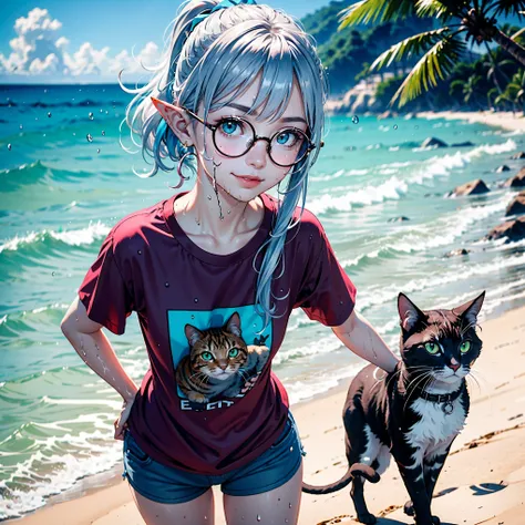 subject far from camera, rough draft leonardo da vinci style, (japanese elf Female), bright Sunlight, (wet long silver Pink blue hair tied in back in a ponytail),(red wet tshirt and shorts), cat logo on shirt,(on the beach),(masterpiece), splashing water a...