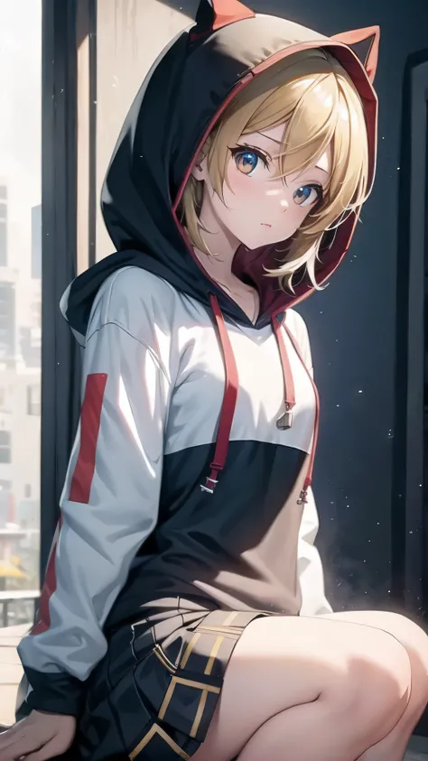 Kagamine rin , 1 girl , wearing a red hooded sweater , white miniskirt with gold horizontal lines , viendo al espectador , bragas visibles , rostro seductor ,(imagen de ultra alta calidad 8k ) obra maestra ( high-definition picture ) , maximum image resolu...