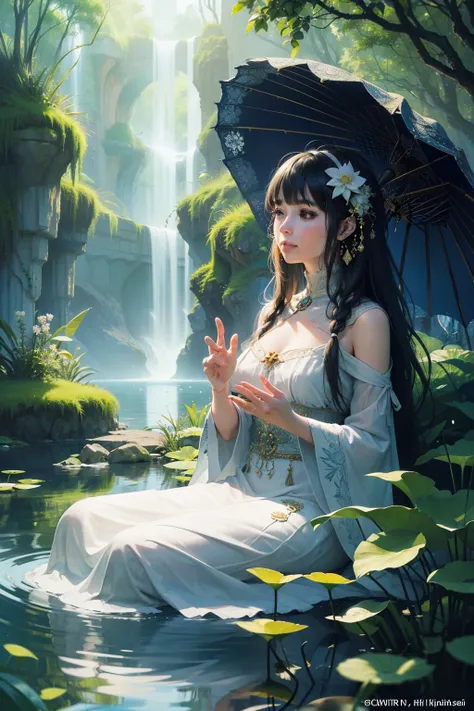 official art, mystical landscape, a person meditating, deep in thought, serene expression, beside a crystal-clear stream, lush greenery and colorful flowers surrounding, intricately detailed lotus flower before them, gentle ripples in the water reflecting ...