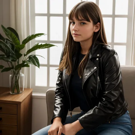 Medium view of young 17 year old Mélanie Laurent,  small nose, face portrait, long curtain bangs, soft polyurethane leather jacket, chubby woman (SFW), in cozy house