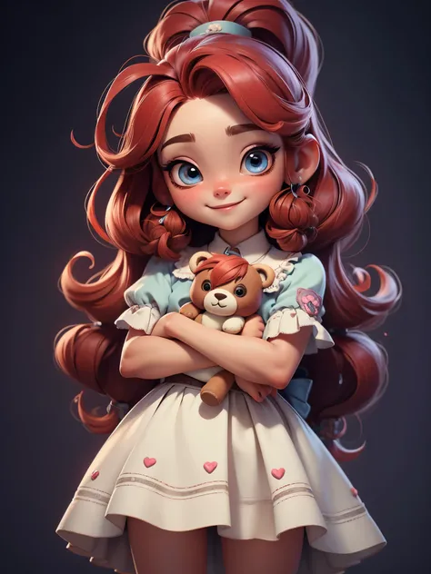  (masterpiece: 1.2)， (best quality)，Cute chibi style doll，Holding a cute teddy bear，(best quality), ((masterpiece)), (high resolution)，(happy)，Happy，happy，((red hair))，Braided double ponytail，(intricate details) ，(8k)， (exquisite eyes) (sharp focus), 