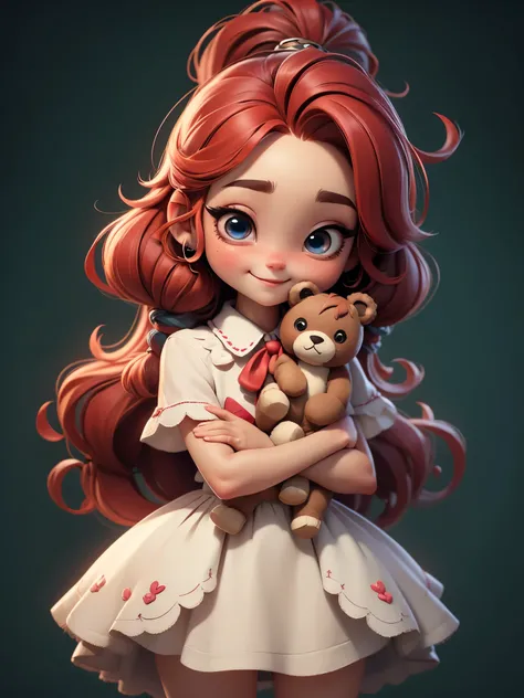  (masterpiece: 1.2)， (best quality)，Cute chibi style doll，Holding a cute teddy bear，(best quality), ((masterpiece)), (high resolution)，(happy)，Happy，happy，((red hair))，Braided double ponytail，(intricate details) ，(8k)， (exquisite eyes) (sharp focus), 