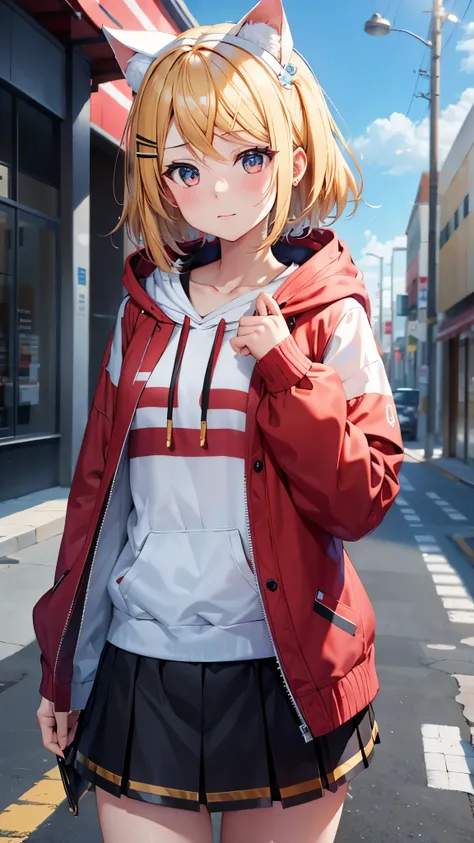 Kagamine rin , 1 girl , wearing a red hooded sweater , white miniskirt with gold horizontal lines , viendo al espectador , bragas visibles , rostro seductor ,(imagen de ultra alta calidad 8k ) obra maestra ( high-definition picture ) , maximum image resolu...