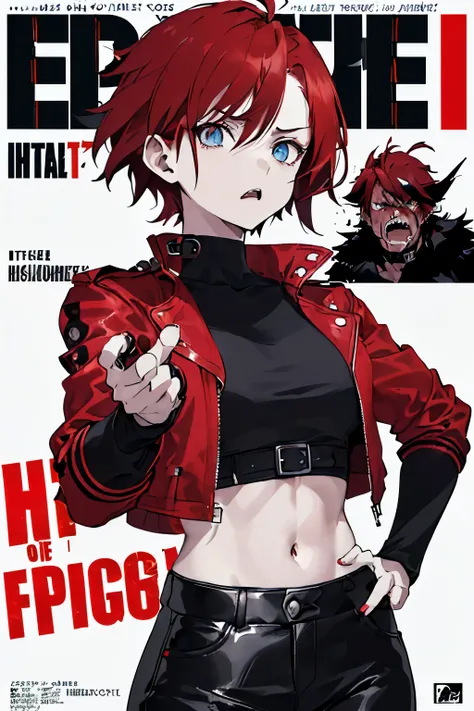 ((((dramatic))), (((gritty))), (((intense))) film poster featuring a teenage girl with side-swept short red hair with ahoge and blue eyes as the central character. She stands confidently in the center of the poster, wearing a red leather jacket with a blac...