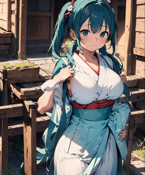 (masterpiece), (highest quality), ultra high resolution, sharp focus, ((1 female, alone)), Upper body, Hatsune Miku,beautiful breasts,Beating Japanese drums,hakama,Sarashi,Standing in honor, perfect feminine face,stage