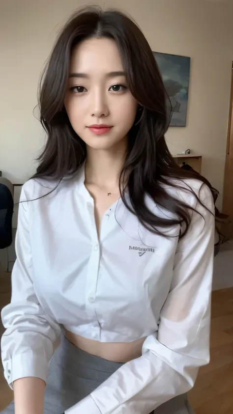 ((top-quality、8k、​masterpiece:1.3))、Beautiful woman with perfect body:1.4、slim abdomen:1.2、Longhair, normal breast, Highly detailed facial and skin texture, A detailed eye, delicate eyes, (smile), (full body shot), ((office)), (sitting on chair), (((wearin...