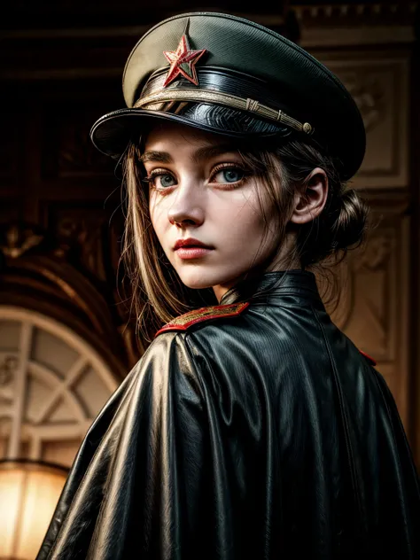 Beautiful Soviet woman, 16 years old, military, cap, uniform, face with determination, long eyelashes, beautiful eyes with brightness, surrealism, shadow, stereogram, (photorealistic, realistic: 1.2), POV, atmospheric perspective, cinematic lighting, ray t...