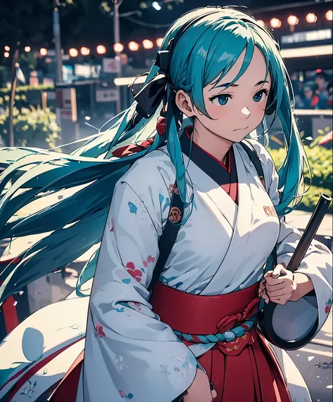 (masterpiece), (highest quality), ultra high resolution, sharp focus, ((1 female, alone)), Upper body, Hatsune Miku,Beating Japanese drums,hakama,Sarashi,Standing in honor, perfect feminine face,stage