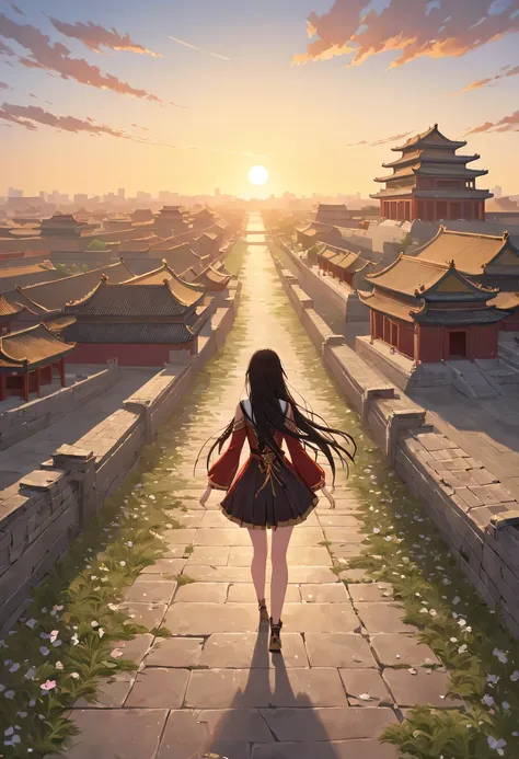 1 girl，模特拍照姿势站在ancient city房屋的顶端，flowing long hair，Gaze at the distant skyline，那Sunset余晖与古老的the forbidden city映造出一道美丽的风景，west wind blows girl&#39;Long hair on the ancient road，the forbidden city，Sunset，Sunset，cloud，fallen flowers，ancient city，dead tree，mot...