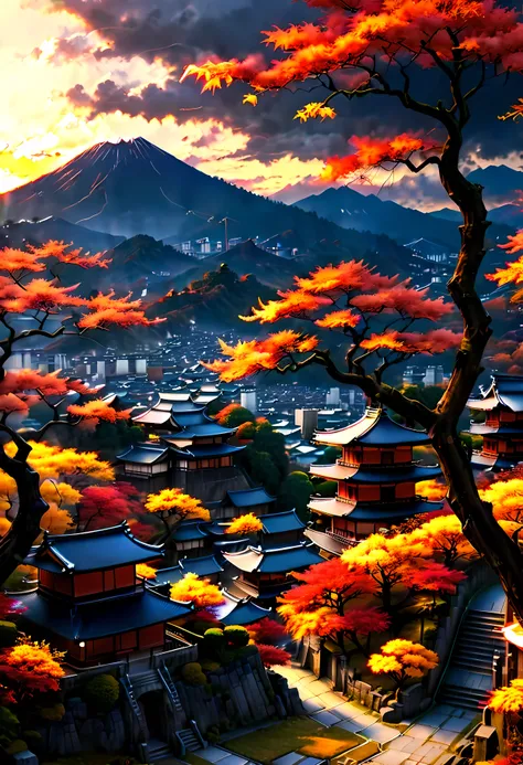 Red Fall Tree at park terrace overlooks Ancient city of Kyoto with view of the mountain, mesmerizing ancient city landscape bathed by Sunset light,((golden hour time):1.2),((Japanese ancient city):1.2),((Sunset sky at autumn):1.1),delicate golden hour ligh...