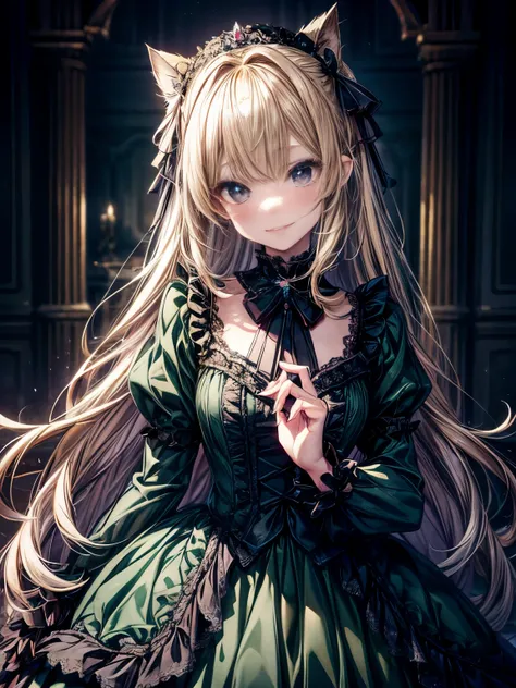 prompt: 8K resolution, delicate features, , single, Unique pupils, A smiling smile, blonde, princess cut, Bow hair ornament, brooch, shiny dark green dress, lolita style, gothic style, facing the viewer, Otaku Room, Female imps