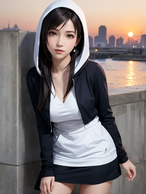 (top quality, masutepiece: 1.1), (Realistic: 1.3), BREAK (((FF7,Tifa_lockhart))),(solo,Tifa:1.2),(oversized large white hooded hoodie:1.3,long sleeve:1.2,shirt dress:1.3) ,(japan,sibuya,city, outdoor,behind wall,sunset),(erotic pose:1.1,nogizaka idol),Ultr...