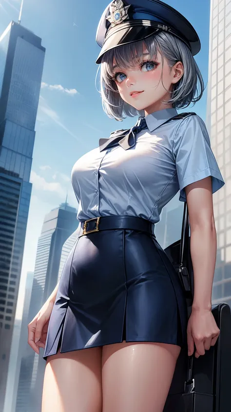 highest quality, masterpiece,  1 girl, light smile, dramatic lighting, from below、police uniform、Light blue short-sleeved shirt、black tie、Police Officer Cap、navy blue mini skirt、cleavage、silver short hair、Miniskirt Police、Skyscrapers