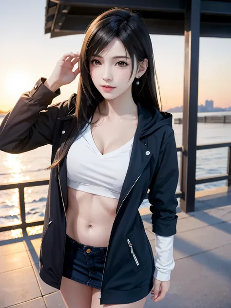 (top quality, masutepiece: 1.1), (realistic: 1.3), break (((ff7,tifa_lockhart))),(solo,tifa:1.2),(oversized large nevy hooded ho...