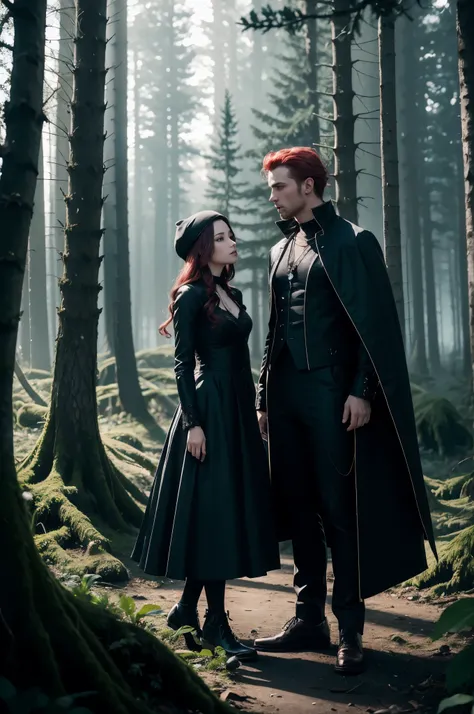 About exciting, photorealistic dark fantasy scene, portray a young vampire and her companion, young guy with red hair, full length and far away.

The stage is flooded with a mysterious light, and details are drawn with unprecedented clarity, using double e...