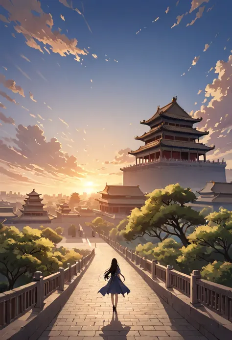 (masterpiece, top quality, best quality, official art, Beautiful and beautiful:1.2), contour，(1 girl:1.5),模特拍照姿势站在ancient city房屋的顶端，flowing long hair，Gaze at the distant skyline，那Sunset余晖与古老的the forbidden city映造出一道美丽的风景，west wind blows girl&#39;Long hair o...