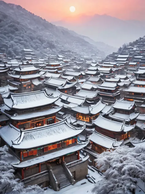 ancient chinese city in winter, There is a magnificent and tall ancient building complex. The roof is covered with layers of snow, Create a peaceful and picturesque scene. Narrow stone streets wind through the city, Adds to its ancient charm. and as the su...