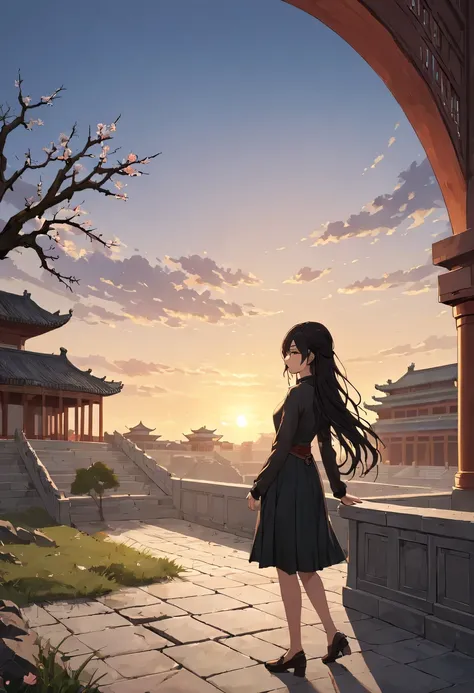 (masterpiece, top quality, best quality, official art, Beautiful and beautiful:1.2), contour，(1 girl:1.5),模特拍照姿势站在ancient city房屋的顶端，flowing long hair，Gaze at the distant skyline，那Sunset余晖与古老的the forbidden city映造出一道美丽的风景，west wind blows girl&#39;Long hair o...