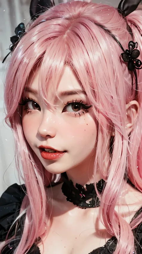 (a:1.1 girl:1.1) with (pink hair), inspired by (belle delphine), (vampire), (portrait), [detailed features], (best quality:1.2),...