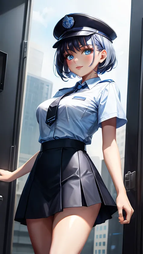 highest quality, masterpiece,  1 girl, light smile, dramatic lighting, from below、police uniform、Light blue short-sleeved shirt、black tie、Police Officer Cap、navy blue mini skirt、cleavage、silver short hair、Miniskirt Police、Skyscrapers