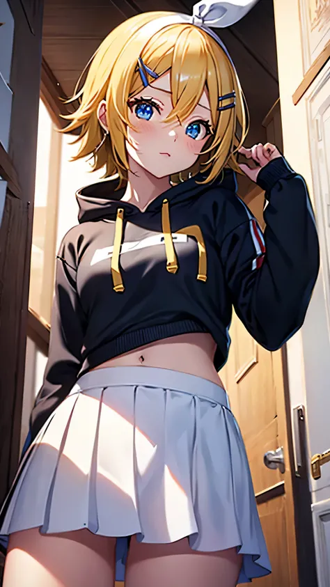 Kagamine rin , 1 girl , wearing a red hooded sweater , white miniskirt with gold horizontal lines , viendo al espectador , bragas visibles , rostro seductor ,(imagen de ultra alta calidad 8k ) obra maestra ( high-definition picture ) , maximum image resolu...