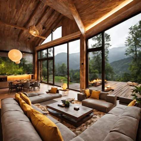 design interior view on a picturesque wooden modern villa nestled in the midst of towering mountains and a serene rainy forest. ...