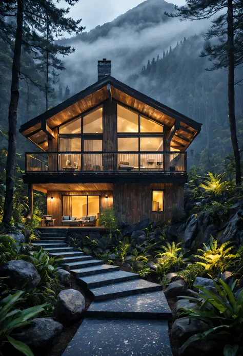 design view on a picturesque wooden modern villa nestled in the midst of towering mountains and a serene rainy forest. envision ...