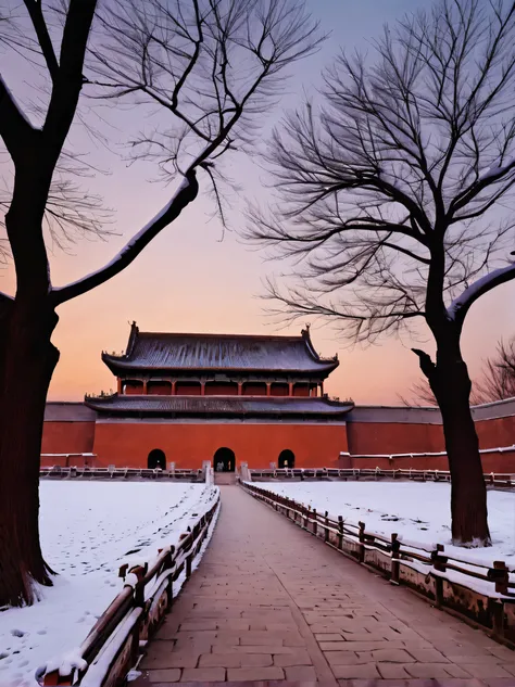 winter，Chinese ancient city，high-rise ancient building，Red Wall，Gorgeous，There is snow on the eaves，Stone road，（Sunset，Sunset），浓烈的a breath of life，Lively，dead tree，The most beautiful ancient capital，a breath of life，