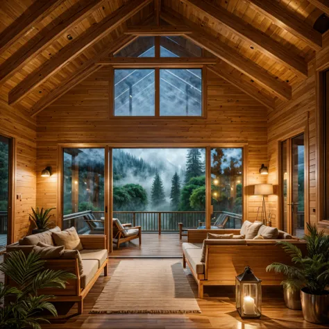 Imagine a exterior look of wooden modern villa nestled in the midst of towering mountains and a serene rainy forest. Envision a setting where the outside world is cold and misty, but as you step inside, a cozy and inviting environment welcomes you. The int...