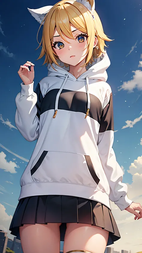 Kagamine rin , 1 girl , wearing a red hooded sweater , white miniskirt with gold horizontal lines , viendo al espectador , bragas visibles , rostro seductor ,(imagen de ultra alta calidad 8k ) obra maestra ( high-definition picture ) , maximum image resolu...