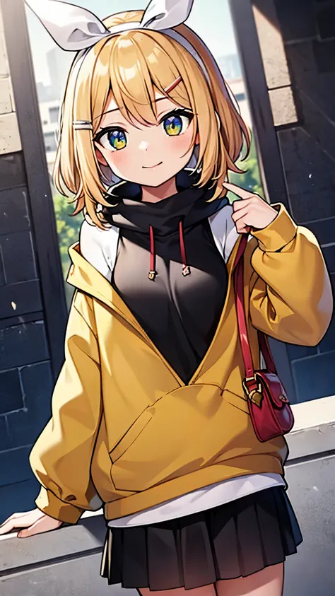 Kagamine rin , 1 girl , wearing a red hooded sweater , white miniskirt with gold horizontal lines , viendo al espectador , bragas visibles , rostro seductor ,(imagen de ultra alta calidad 8k ) obra maestra ( high-definition picture ) , maximum image resolu...