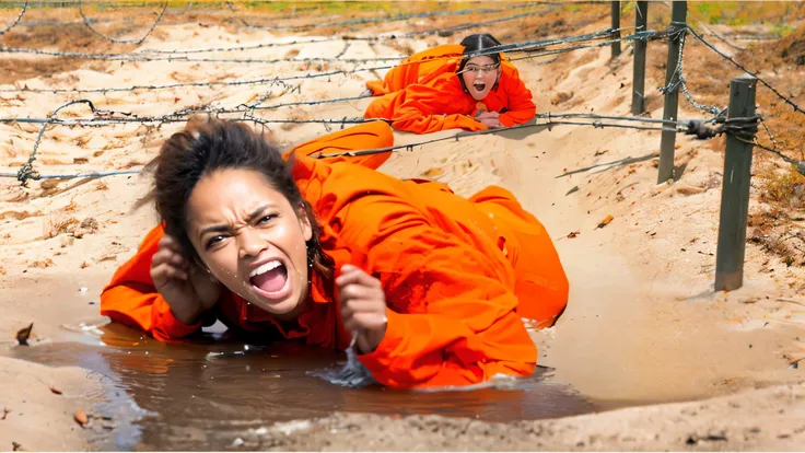 there is two woman prisoner wearing orange outfit jumpsuit crawling in the sand with dirt water, two woman prisoner shouting and angry begging for help, people crawling in fear, in orange clothes, wearing orange prison jumpsuit, two woman prisoner wearing ...