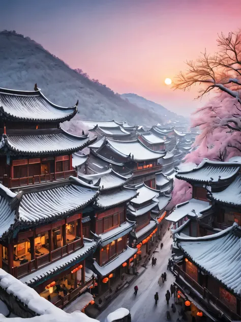 ancient chinese city in winter, there is a magnificent and tall ancient building complex. the roof is covered with layers of sno...