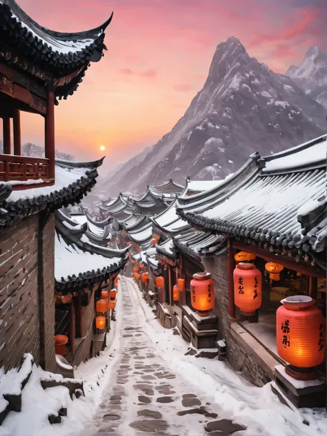 ancient chinese city in winter, there is a magnificent and tall ancient building complex. the roof is covered with layers of sno...