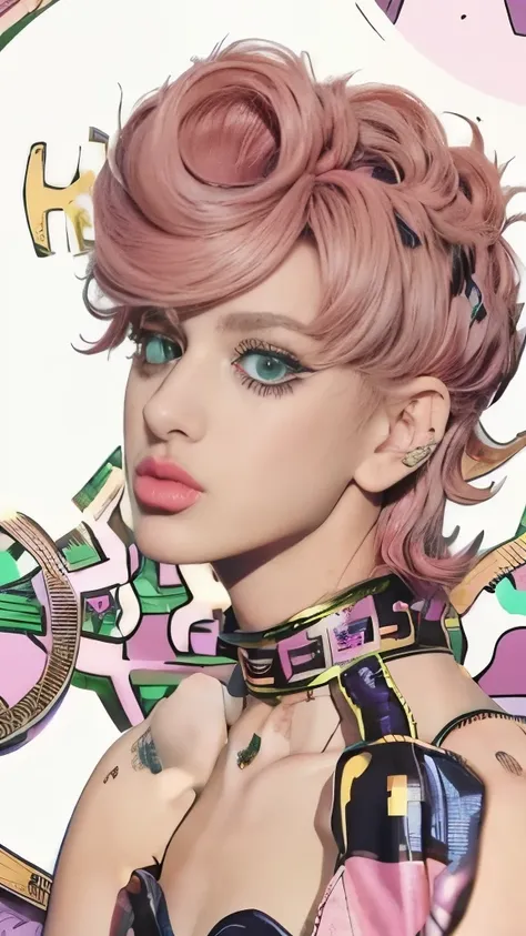 a cartoon girl with pink hair and a pink collar, jojo anime style, giorno giovanna, in jojos bizarre adventure, 8 0 s anime art style, portrait knights of zodiac girl, decora inspired illustrations, in the art style of 8 0 s anime, lisa frank & sho murase,...