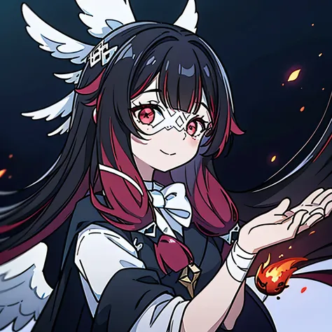 1girl, long hair, black hair, red hair, solo, open eyes, head wings, hair ornament, blunt bangs, smile, dark, angel wings, best ...