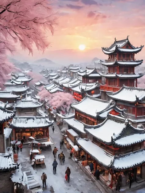 ancient chinese city in winter, there is a magnificent and tall ancient building complex. the roof is covered with layers of sno...