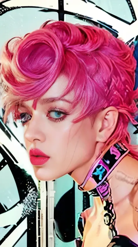 a close up of a woman with pink hair and a black jacket, pink iconic character, molly from neuromancer, with pink hair, hisoka, ...