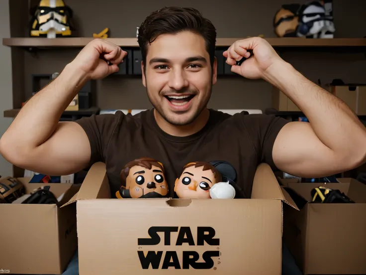 Photorealistic picture a man with stubble with a happy look on his face opening a brown box of star wars funko pops