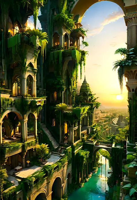 A Babylonian Hanging Garden overlooks Ancient Mesopotamian city with Majestic Tower of Bable, mesmerizing ancient tall tower by Sunset light,((golden hour time):1.2),((Lush Hanging Gardens):1.2),((Very tall Tower of Bable):1.1), delicate golden hour light,...