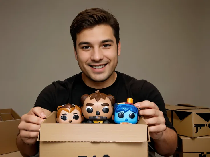 Photorealistic picture a man with stubble with a happy look on his face opening a brown box of star wars funko pops, no background.