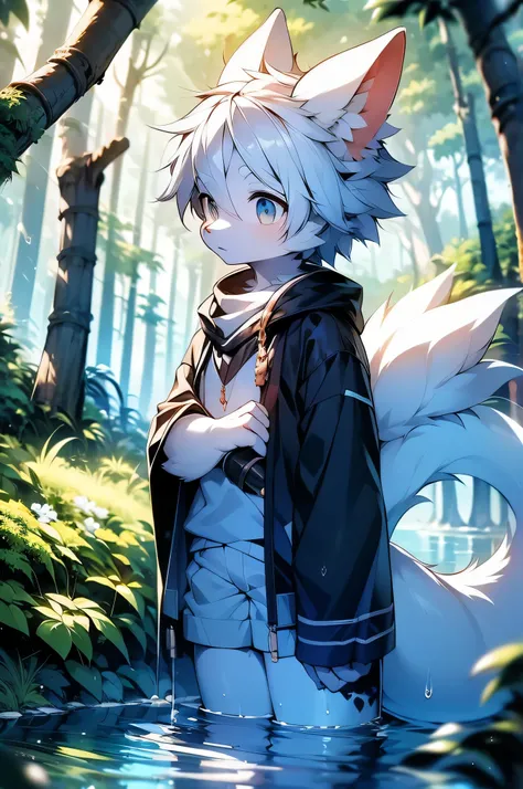 Gray hair and white hair are not tall, In the forest at dusk, Tail dipped in water, no clothes, The tail is not long, Wear a scarf 