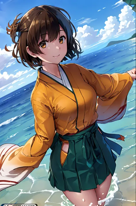 (masterpiece), (best quality), (ultra-detailed), photorealistic, (best illustration), (an extremely delicate and beautiful),1girl, hiryuukc, orange kimono, one side up, brown eyes, brown hair, green hakama, hakama short skirt, [outstretched arms::0.35], sm...