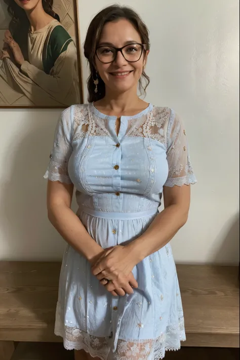 Middle aged woman with glasses, sorrindo, foto em rosto,vestido se renda,((melhor qualidade)), ((obra de arte)), (detalhado), rosto perfeito