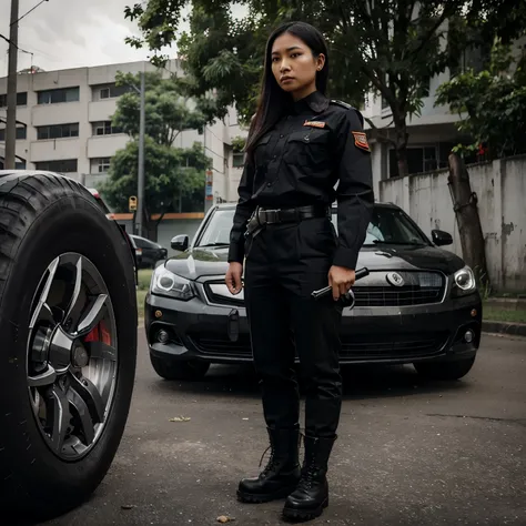 A beautiful Indonesian woman, wearing a black uniform, black trousers, wearing army boots. In his hand he saw an SS assault weapon. was standing next to a hammer car.