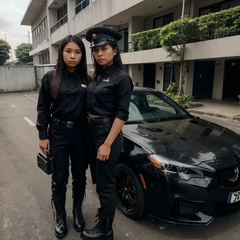 A beautiful Indonesian woman, wearing a black uniform, black trousers, wearing army boots. In his hand he saw an SS assault weapon. was standing next to a hammer car.