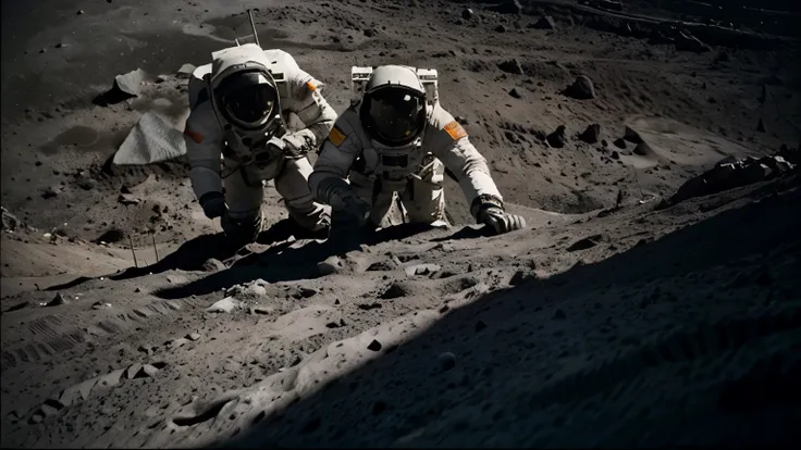 create a photorealistic image of two astronauts helping each other climb a steep mountain on the moon. the perspective of the ph...