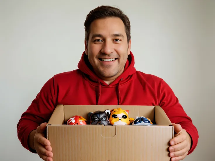 Photorealistic picture a 40 year old with stubble wearing a red hooodie with a happy look on his face opening a brown box of star wars funko pops, plain white background.